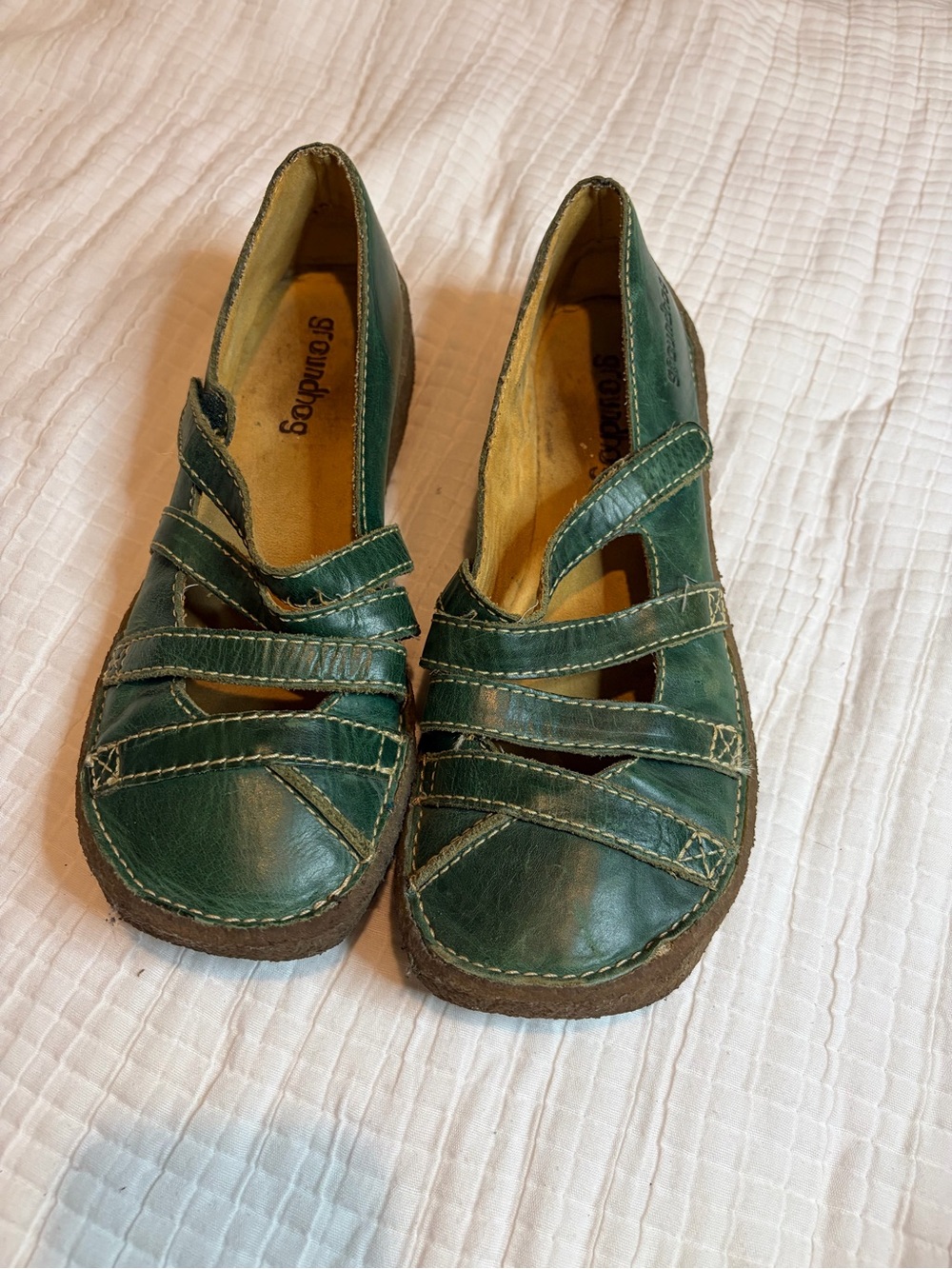 Groundhog Green Leather Mary Jane Flats with Strappy Overlay